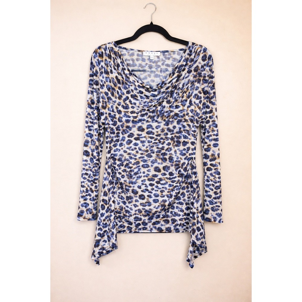 Chaus New York Womens Medium Blue Leopard Print Cowl Neck Tunic Top Long Sleeve‎